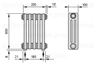Схема (чертеж) Радиатор Zehnder Charleston 3060/5 №5310 Белый глянцевый RAL 9016